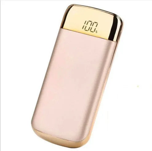 Square aluminium power bank with digital display and multiple USB ports in pink colour.