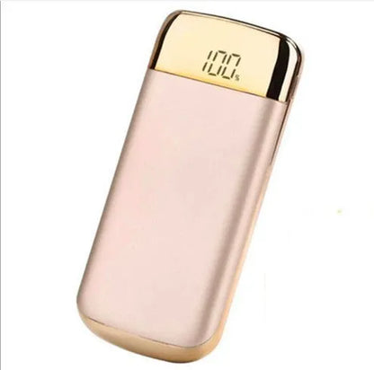 Square aluminium power bank with digital display and multiple USB ports in pink colour.