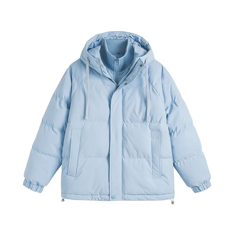 Loose winter cotton-padded coat in mustard yellow with side pockets and cardigan style