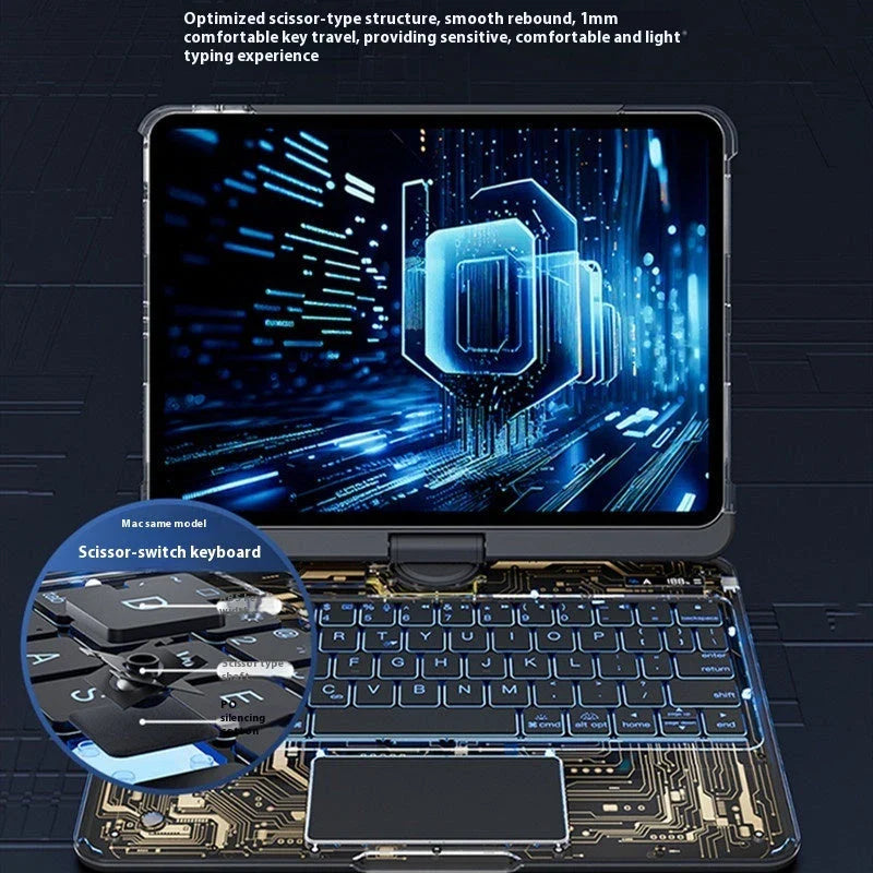 Versatile iPad keyboard case with 360-degree swivel rotation, scissor-style keys, and integrated pen slot for enhanced mobile productivity
