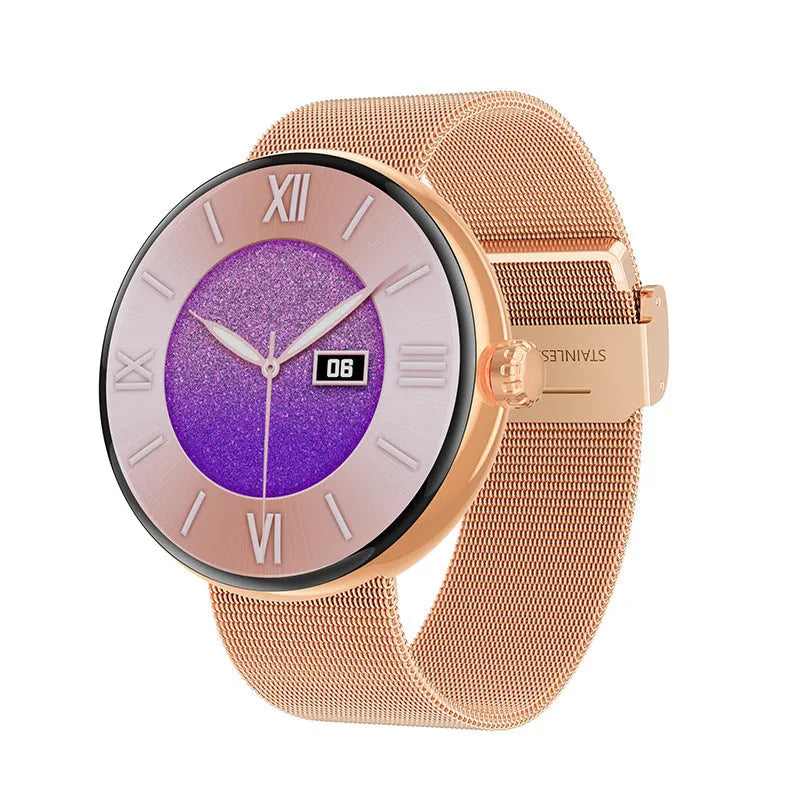 Women's smart watch with circular colour touch screen and metal strap in black, gold, or silver steel.