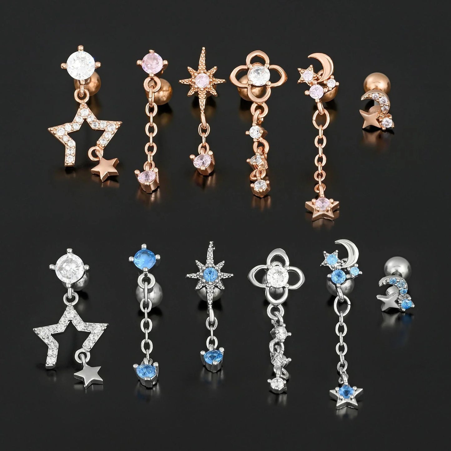 Stylish Star Moon Cubic Zirconia Cartilage Earring in gold and white