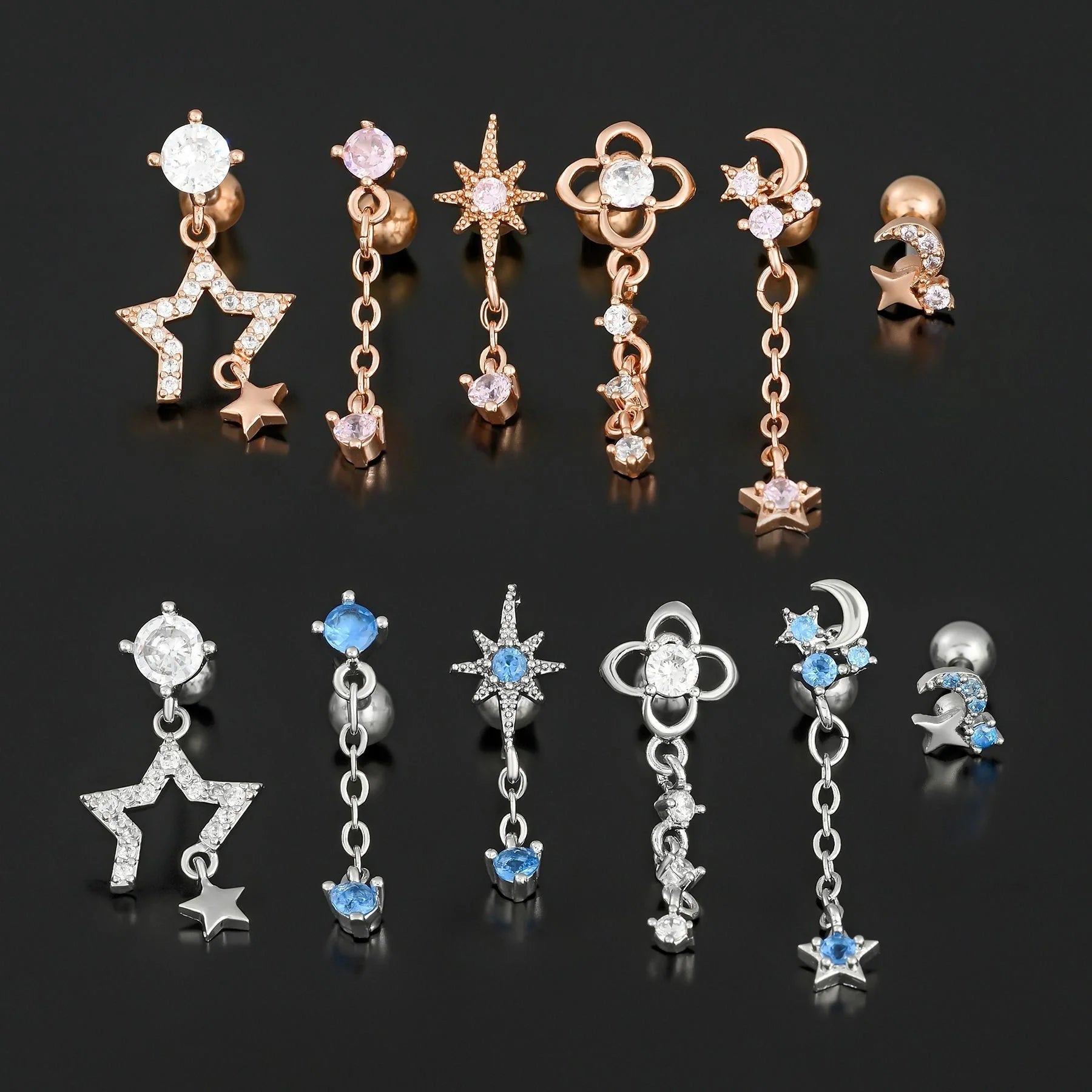 Stylish Star Moon Cubic Zirconia Cartilage Earring in gold and white