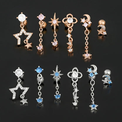 Stylish Star Moon Cubic Zirconia Cartilage Earring in gold and white