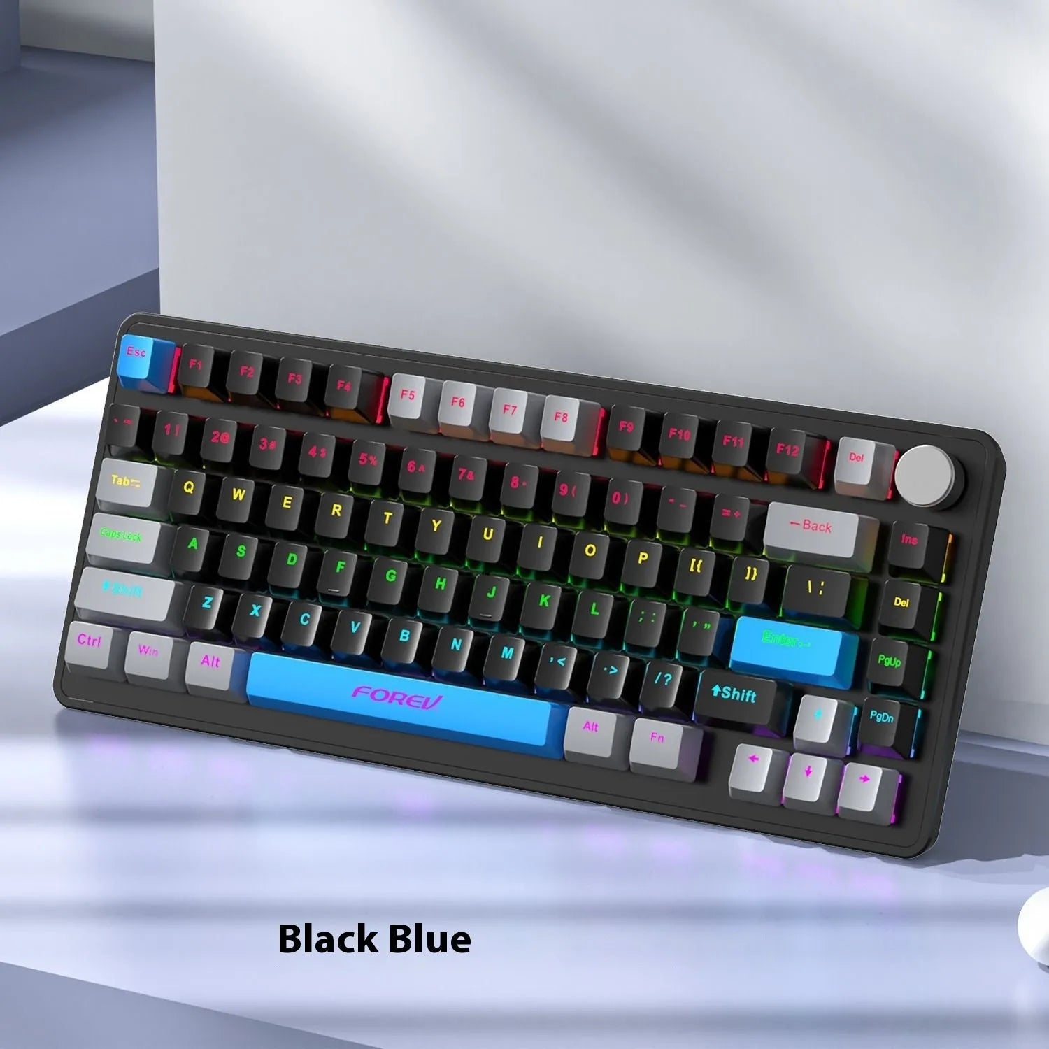 Mechanical keyboard and wireless mouse set in a chosen colour like beige gray or sky blue on a desk.
