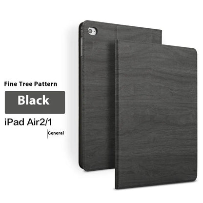 Black imitation leather protective sleep bracket cover for iPad cases shown beside sapphire blue version