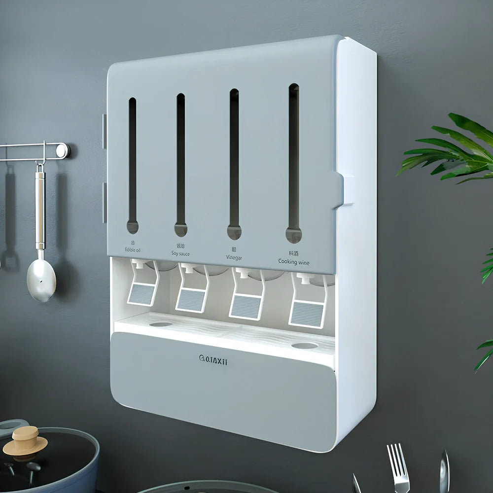 Wall-mounted grey seasoning box with four liquid and four powder compartments measuring 30x42x7cm
