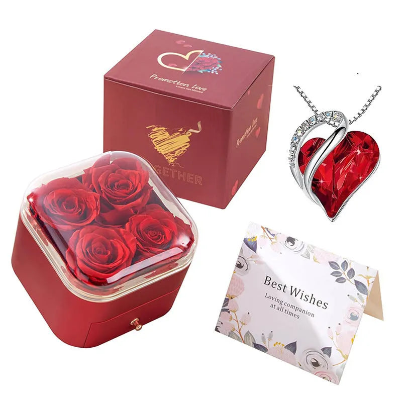 Valentine's Day rose flower drawer jewellery box with preserved eternal flowers and love crystal necklace gift set