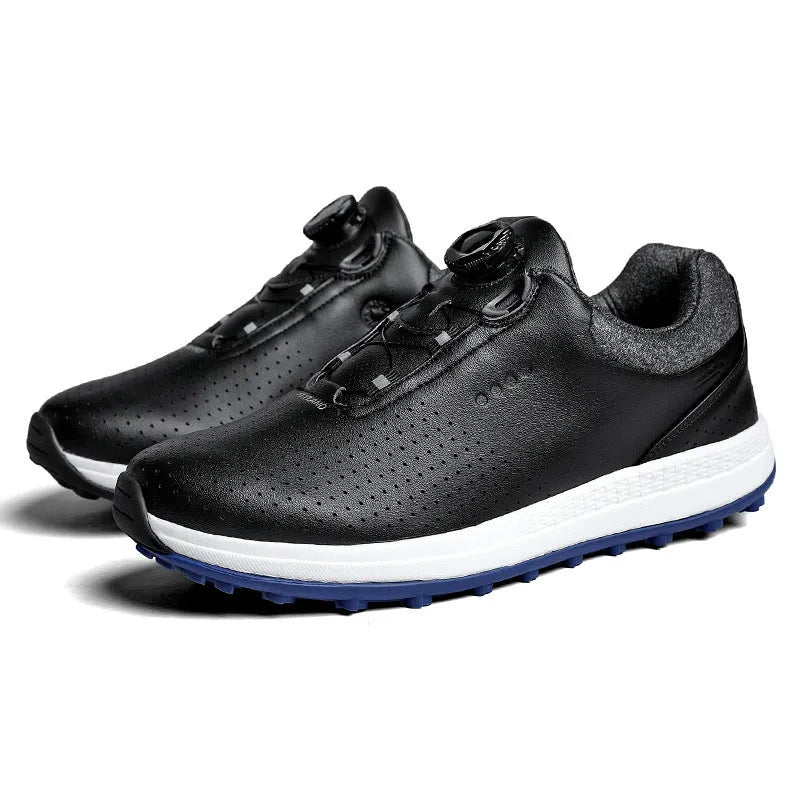 Men's white low-top casual golf shoe with breathable upper and non-slip broken nail sole.