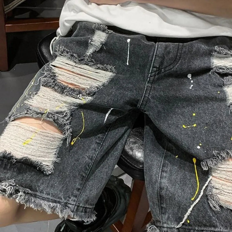 Men's Loose-Fit Street Style Denim Shorts in Black or Light Blue, Available in Sizes S to 3XL with a Fifth Pants Length for a Relaxed Summer Look