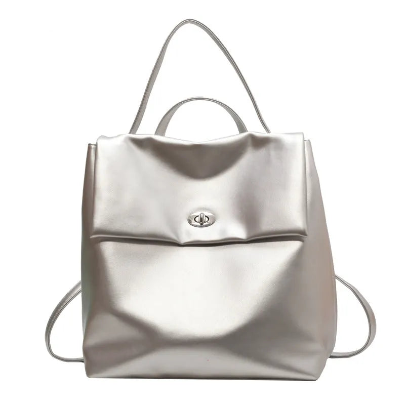 Retro large capacity women's backpack in PU with diamond grid and chain detail, free size, available in beige, black, silver, and brown