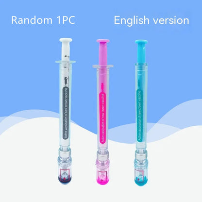 Vaccine design gel pen with plastic construction measuring 15.7cm length and using 0.5mm black refill