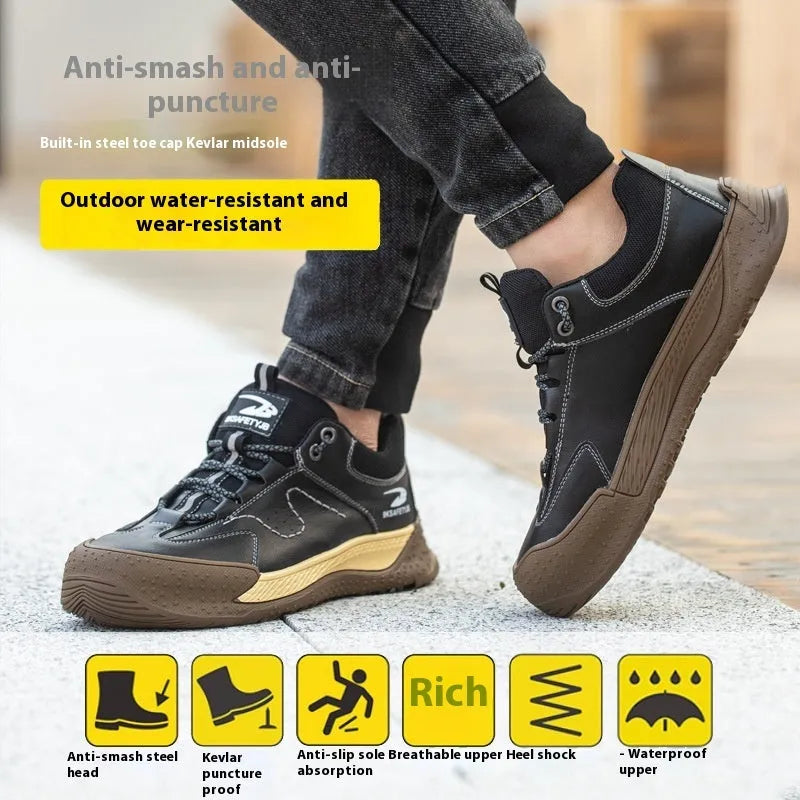 Flyknit work safety shoes with leather upper and rubber sole in multiple colour options