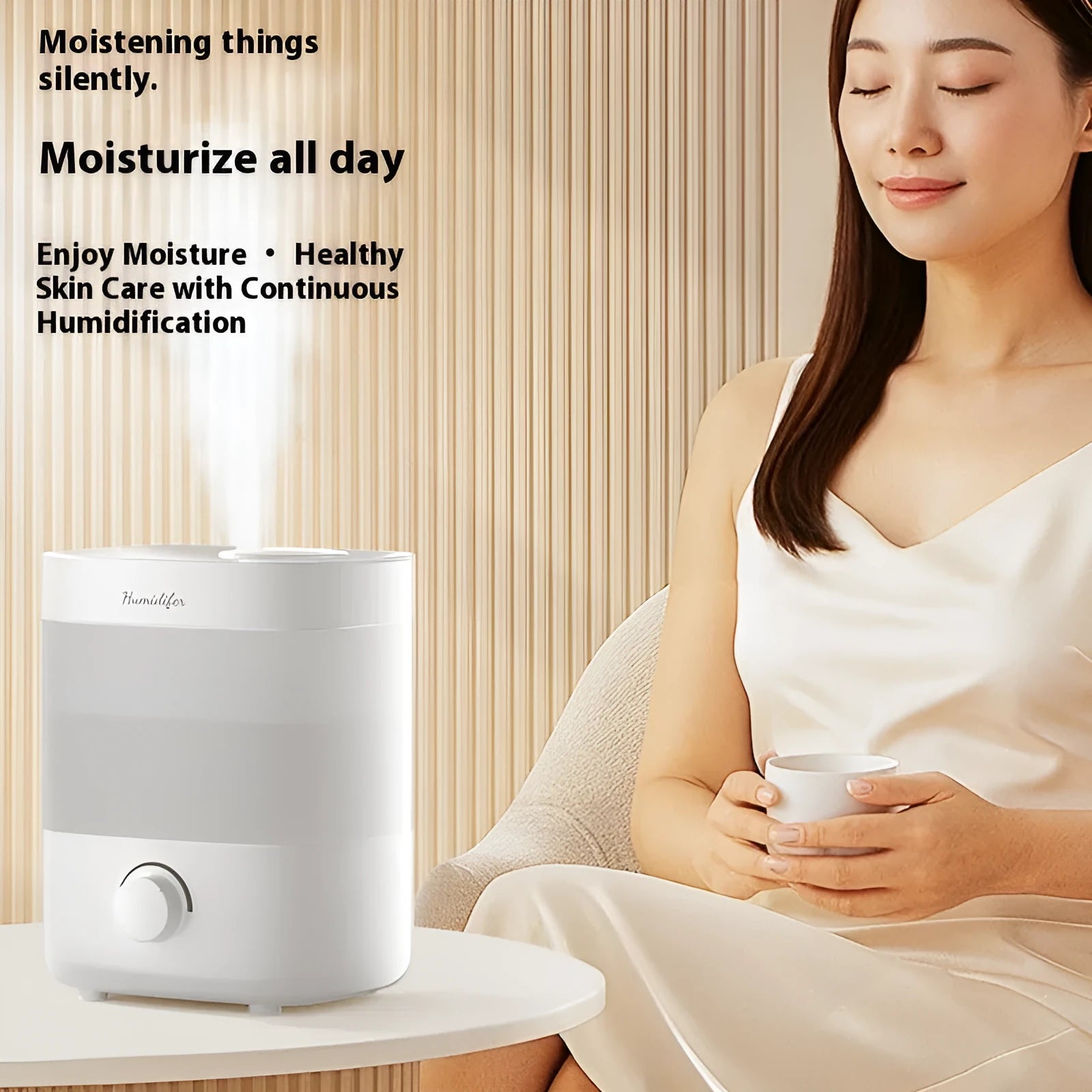 White plastic 2L humidifier with dual spouts, USB port, and night light