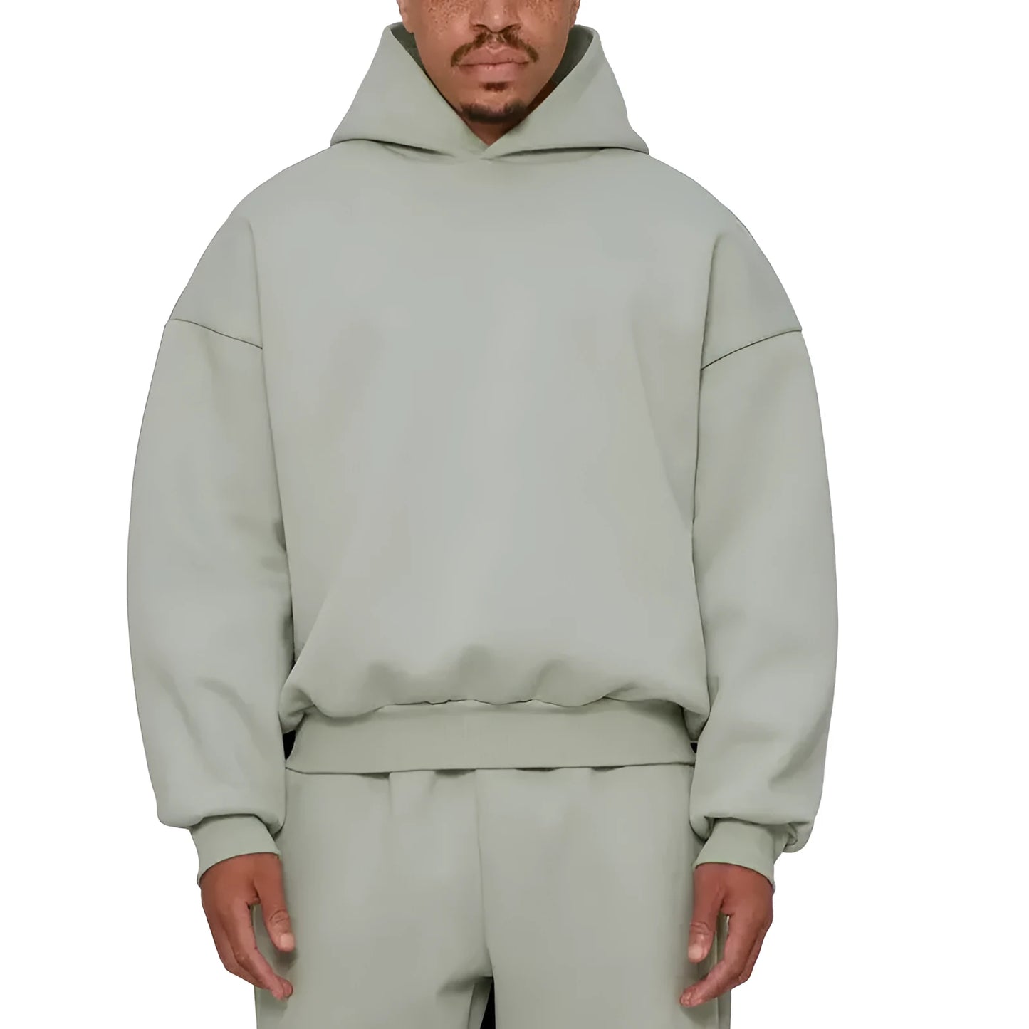 Men's grey fleece-lined cotton pullover hoodie with a wool lining and long sleeves