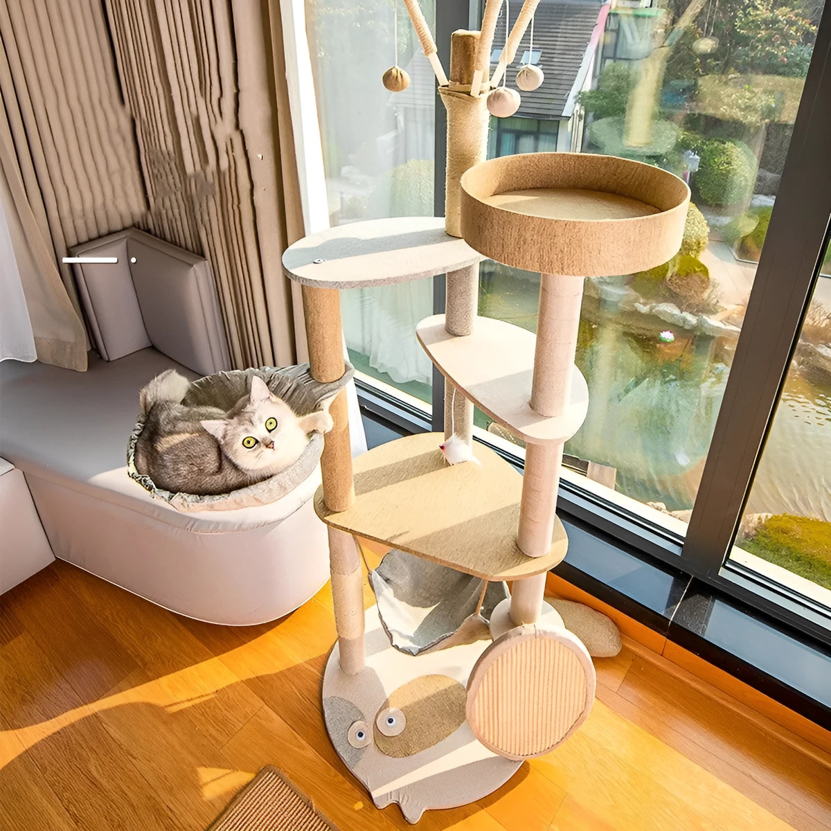 Large wooden cat tree with integrated shelf in Upgrade or Luxury colour for indoor cats