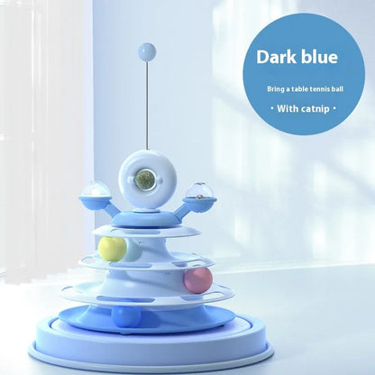 Four-level cat toy turntable tower with roller balls and 360-degree top ball in PP