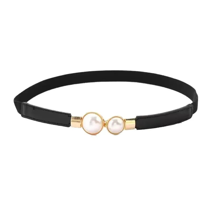Thin decorative women's jeans belt with PU leather and alloy buckle in black or brown
