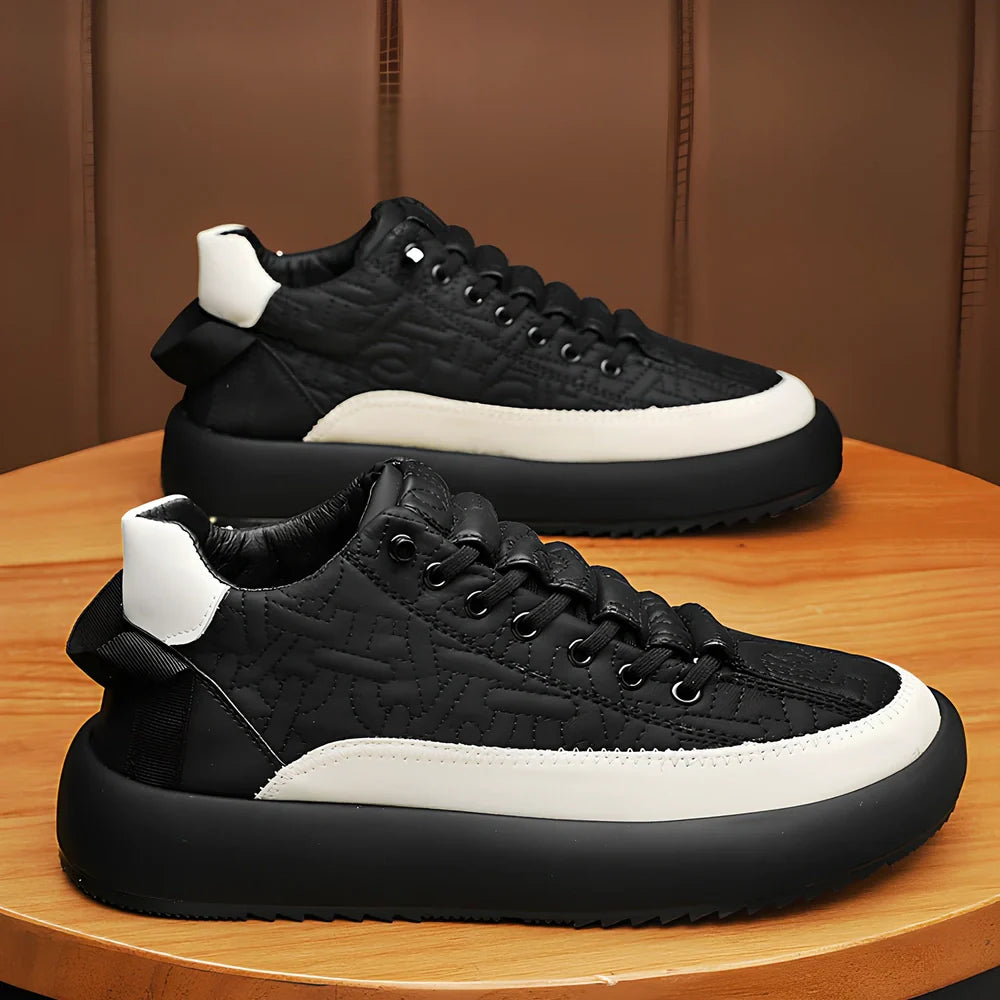 Men's black elastic band sports shoes with 3-5cm thick sole and round toe design