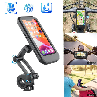 Black adjustable waterproof bicycle handlebar mount holding a mobile phone.