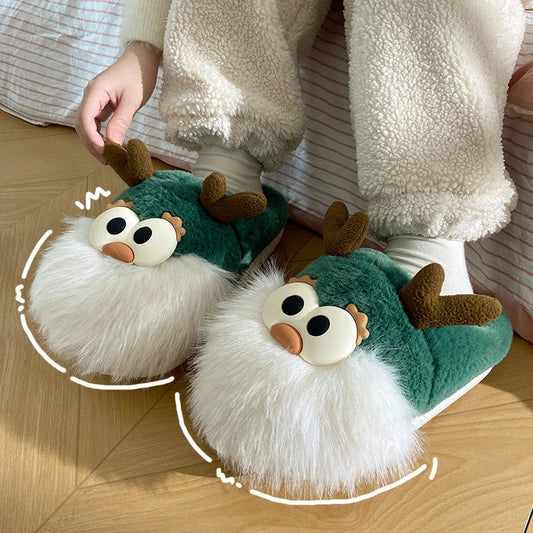 Cozy cartoon deer-themed plush slippers in various colors with thickened sole and half-covered heel for winter warmth and comfort