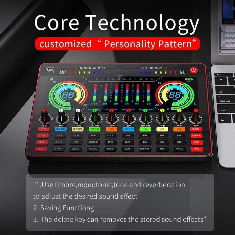G4 professional USB sound card mixer with LCD screen, multiple knobs, and included microphone and cables