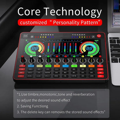 G4 professional USB sound card mixer with LCD screen, multiple knobs, and included microphone and cables
