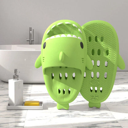 Stylish shark-themed shower slides with drainage holes and non-slip soles, made of lightweight and quick-drying EVA material