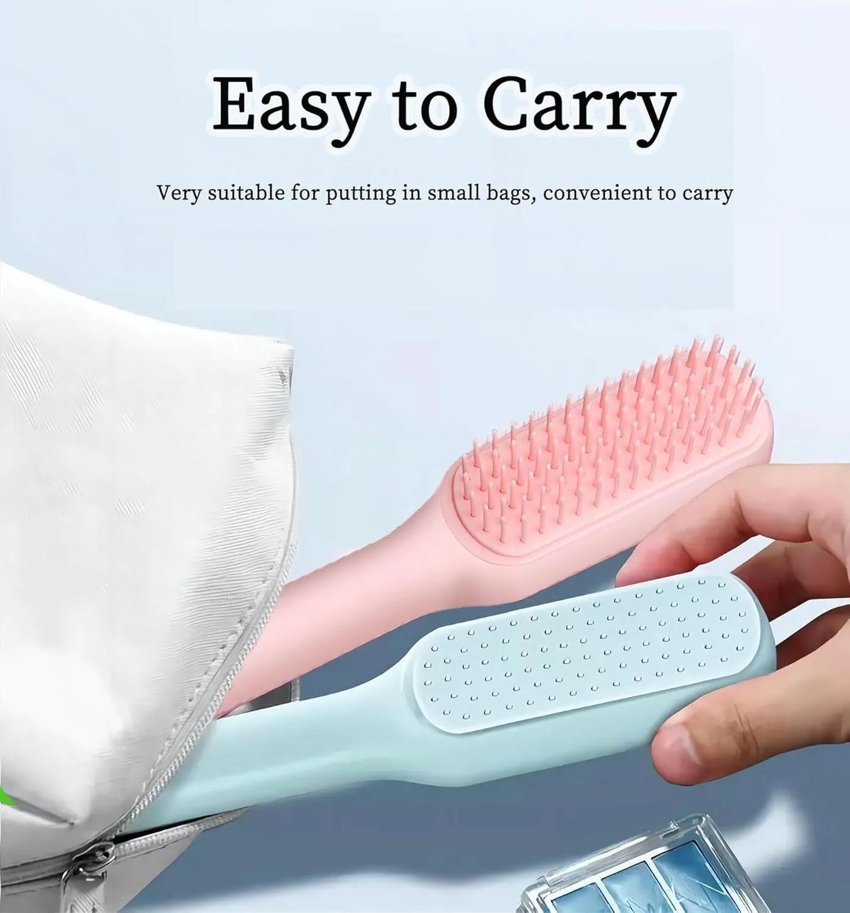 Dual-sided small dog grooming brush showing pin brush and soft bristle brush sides, in blue colour.