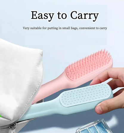 Dual-sided small dog grooming brush showing pin brush and soft bristle brush sides, in blue colour.