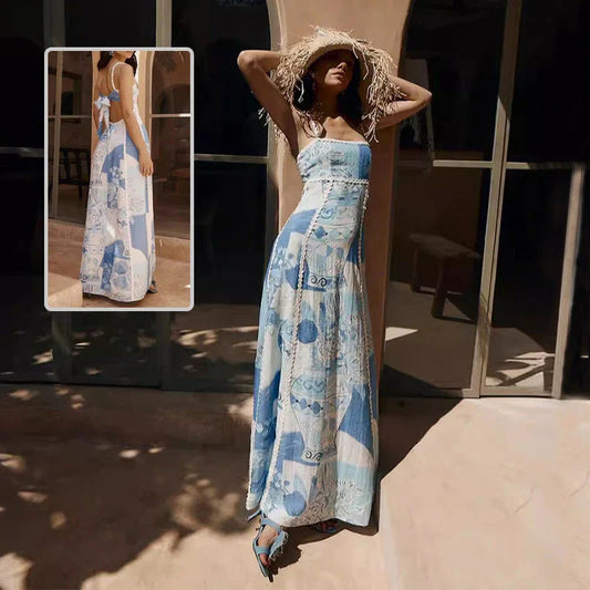 Floral lace maxi dress with backless design and bow accents