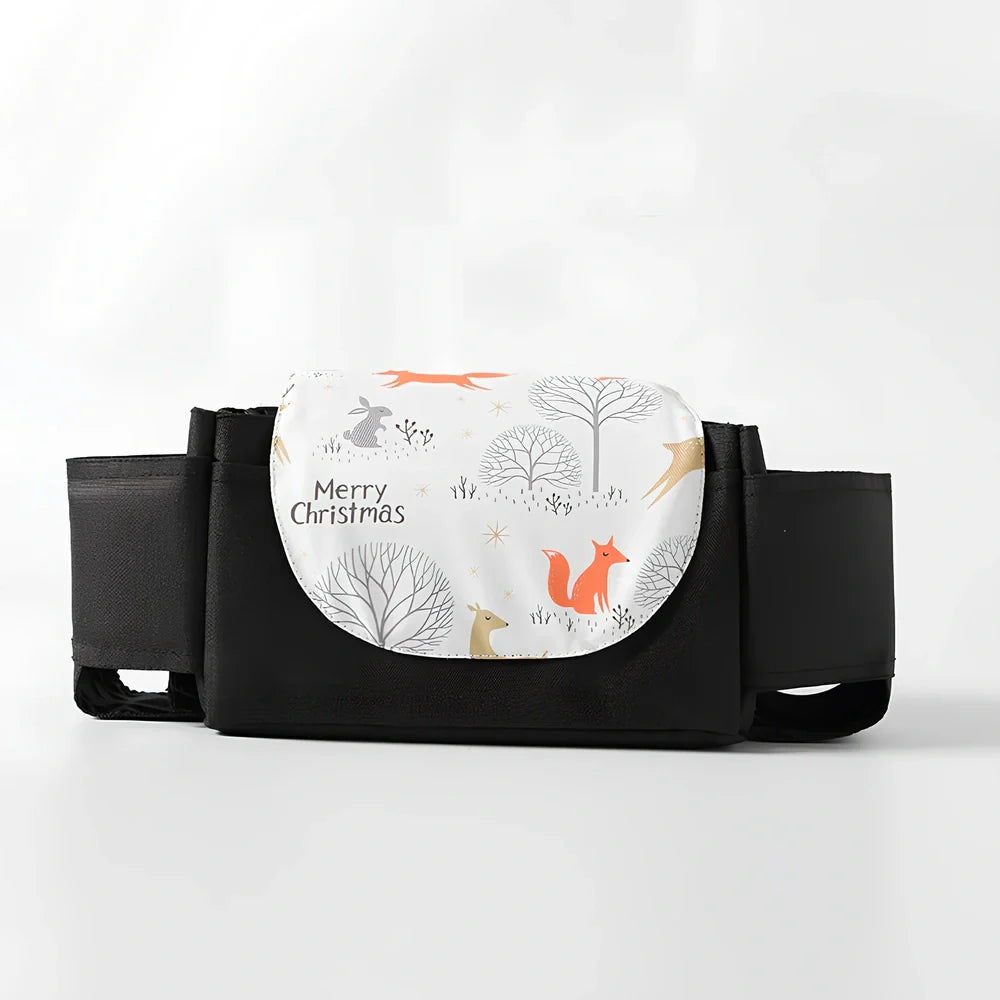 35cm wide baby stroller organiser with compartments and velcro dust cover mounted on pram pole