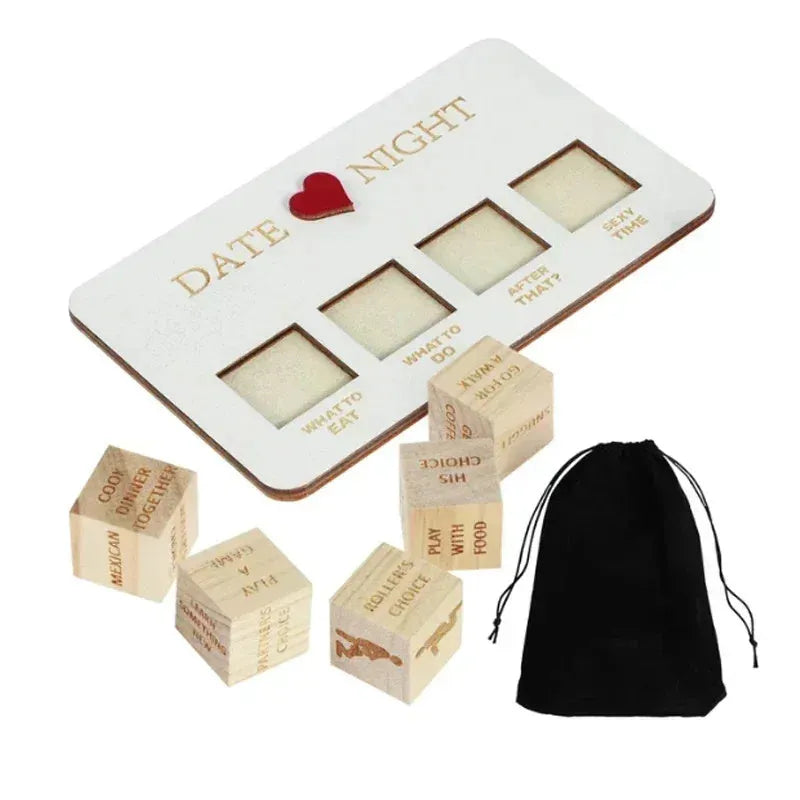 Wooden date night dice set with five 16x10cm dice, planner board, and black storage bag for couple activities