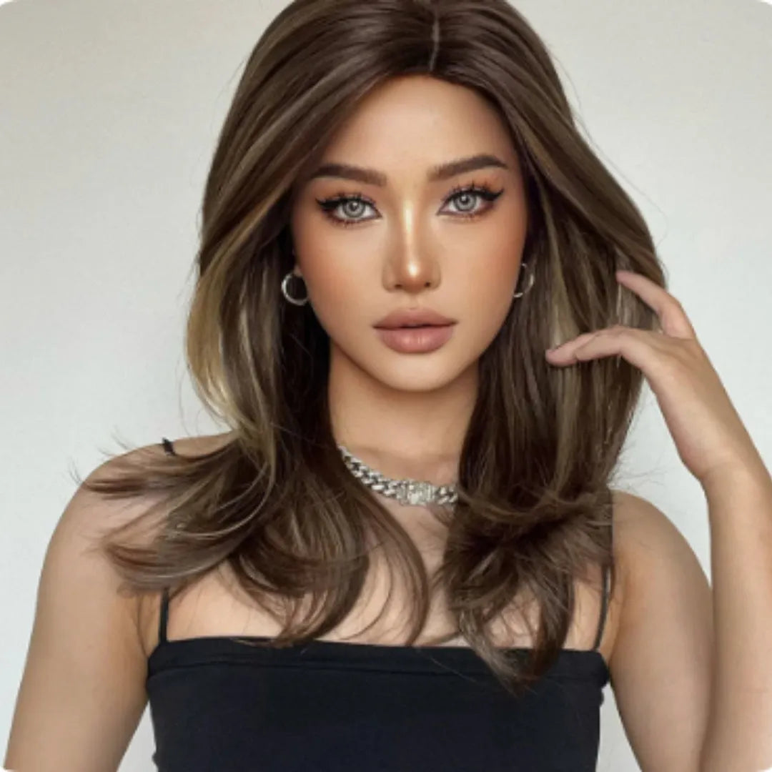 Mid-length full-head wig with platinum gradient colour, long curly hair, and bangs in star fashion style
