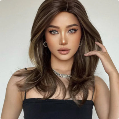 Mid-length full-head wig with platinum gradient colour, long curly hair, and bangs in star fashion style