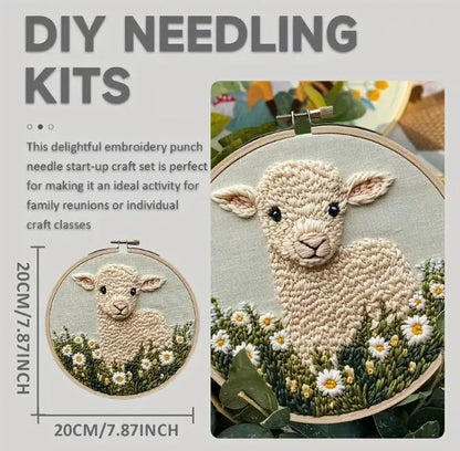 Sheep design embroidery pin punch craft kit with cloth materials and complete beginner set
