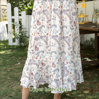 Elegant women's square neck printed long sleeve dress in floral design