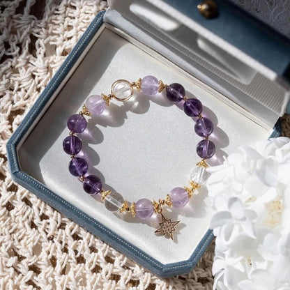 Handmade eight Awn star purple amethyst bracelet with animal zodiac design in gift box