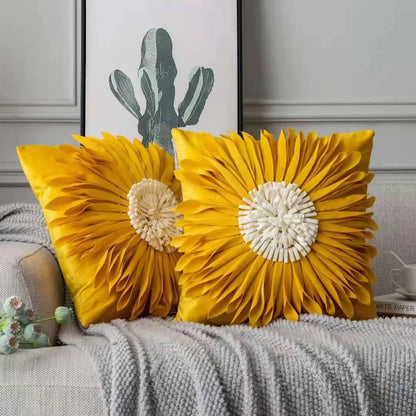 Blue velvet waist pillow with three-dimensional white chrysanthemum tufted design and fringed hem