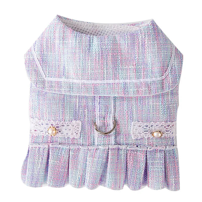 Purple and pink polyester pet clothing for a cat or small dog on a white background.