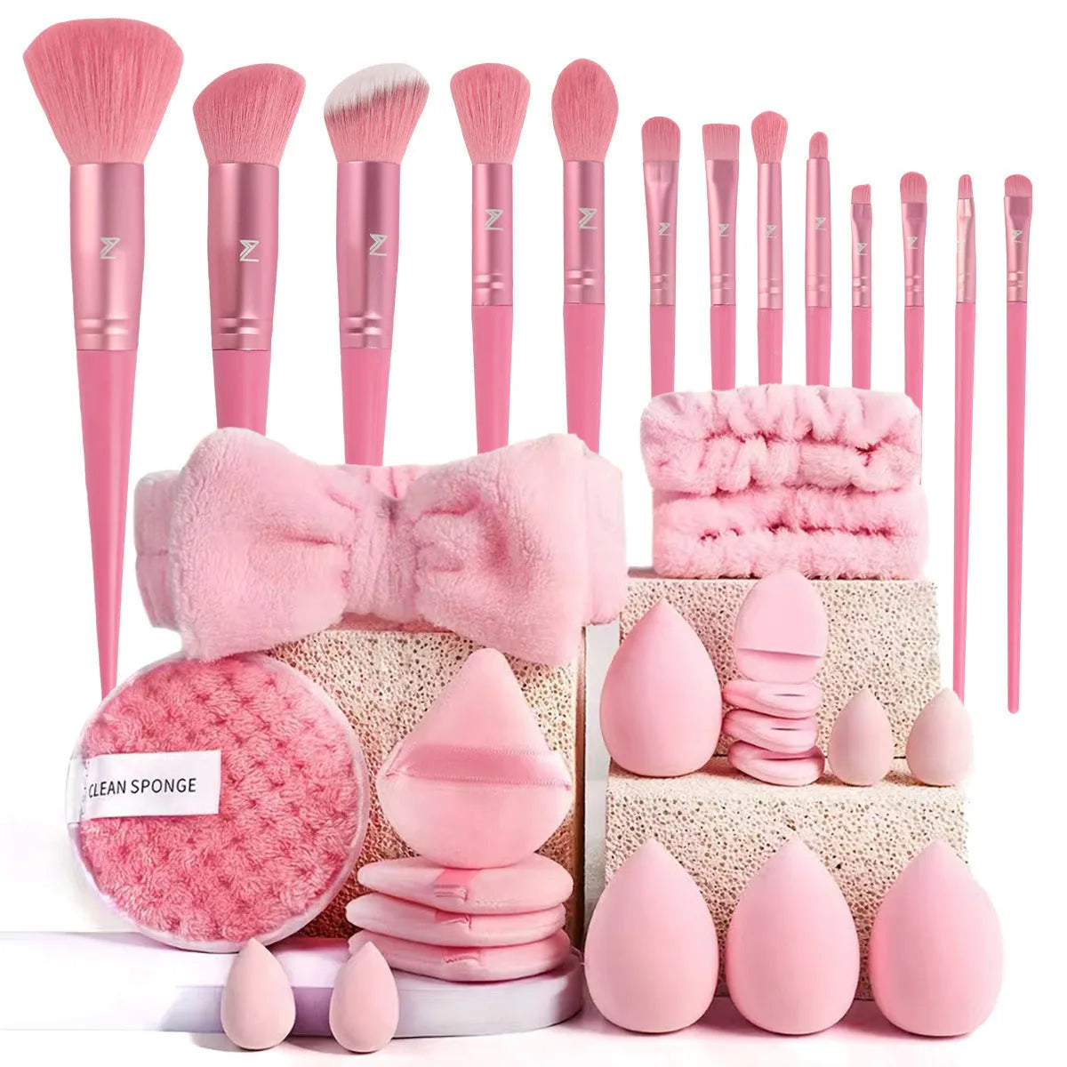 Beauty tool set with hydrophilic non-latex tools for facial cleansing and makeup application in various colours