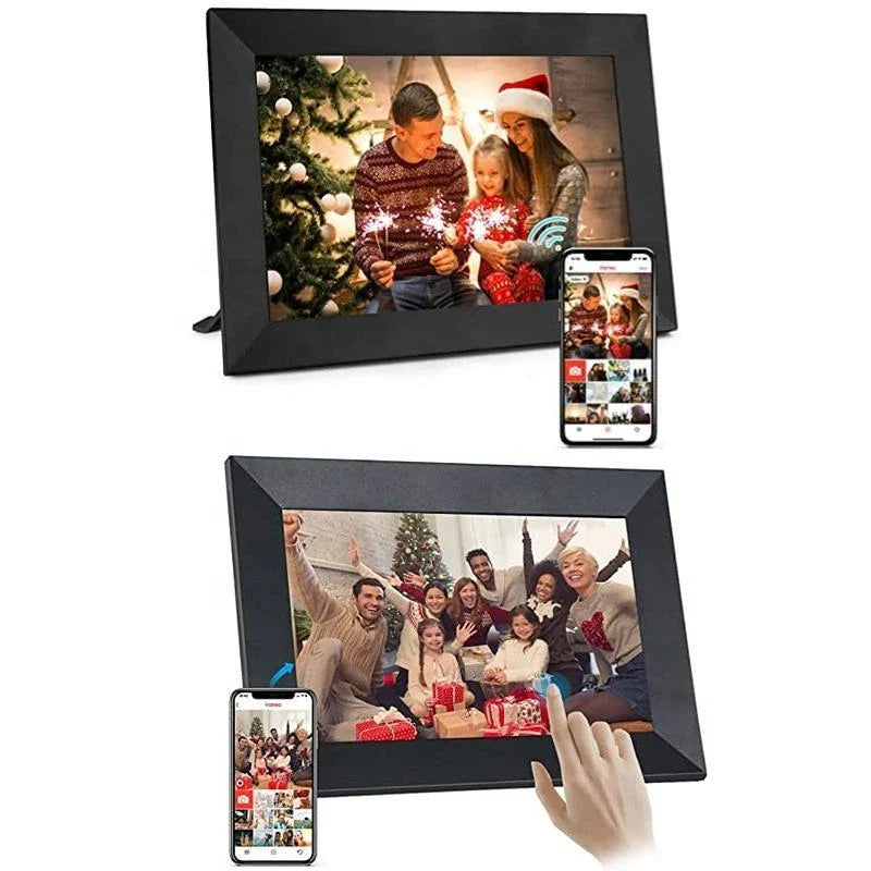 10-inch smart WiFi digital photo frame with rotatable display, allowing you to showcase your cherished memories in portrait or landscape orientation.