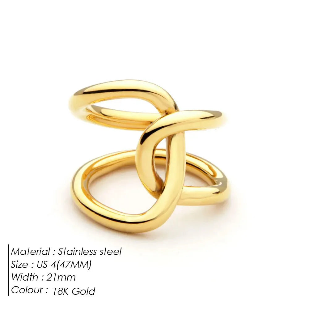 Women's stainless steel adjustable ring with a knotted detail on a geometric U-shape band.