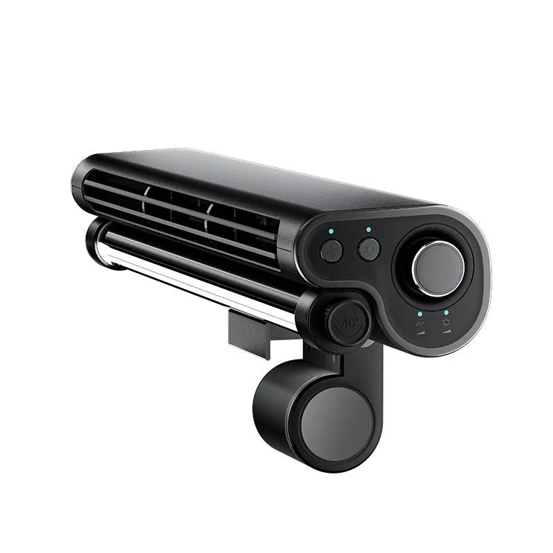 Black USB bladeless fan clipped to laptop screen showing 32.5cm width and eye-protection lamp