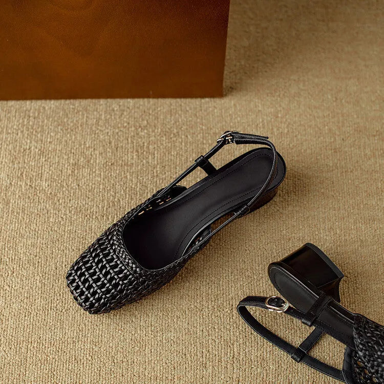 Women's beige woven hollow-out sandals with closed square toe, chunky 4cm heel, and buckle fastening on foot