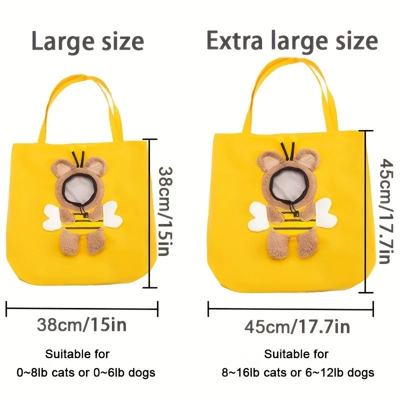 Little Bee Design blue canvas pet carrier bag with animal pattern, showing adjustable side opening for a pet's head.