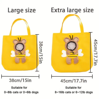 Little Bee Design blue canvas pet carrier bag with animal pattern, showing adjustable side opening for a pet's head.