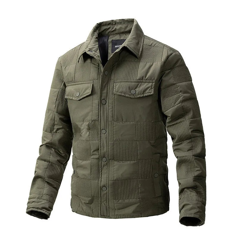 Man wearing a quilted polo collar shirt jacket in army green, showing the wool lining and knitwear style.