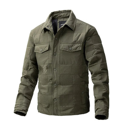 Man wearing a quilted polo collar shirt jacket in army green, showing the wool lining and knitwear style.
