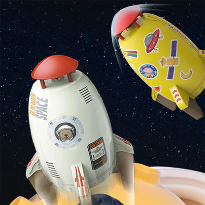 Yellow outdoor water pressure rocket launcher toy for kids on a green lawn.